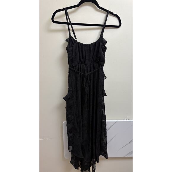 BCX Juniors Black Ruffle Floral Midi Dress XXS Spaghetti Strap Fairy Goth Core - Picture 2 of 7